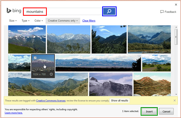 Bing image search window with search results