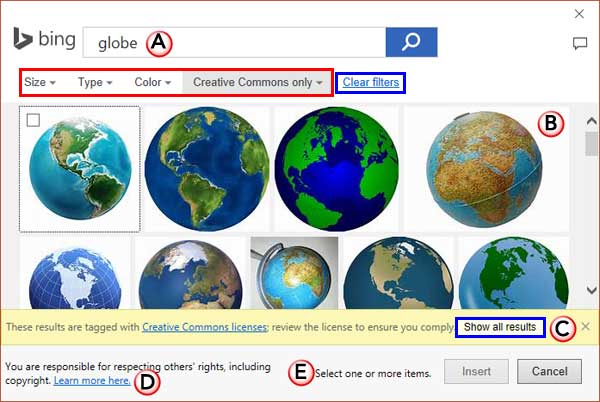 Insert Pictures dialog box with search results from Bing