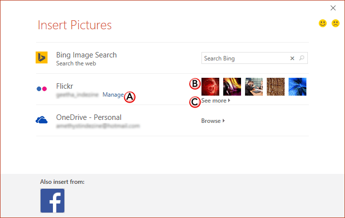Flickr option within Insert Pictures dialog box Flickr option within Insert Pictures dialog box