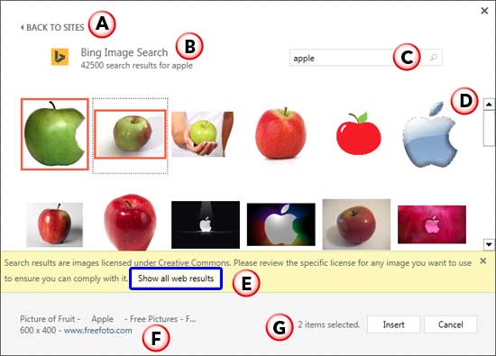 Insert Pictures dialog box with search results from Bing Insert Pictures dialog box with search results from Bing