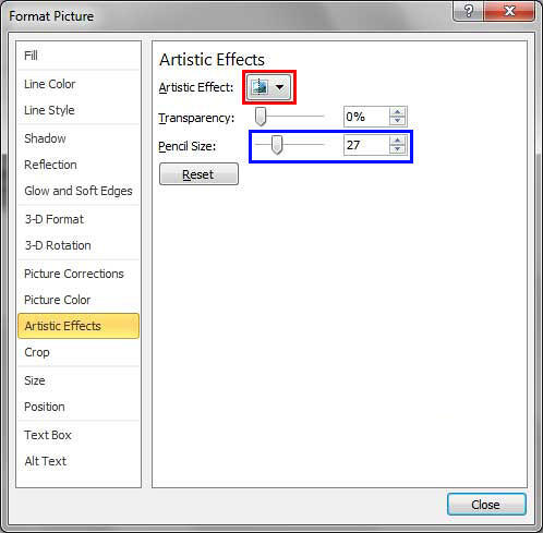 Artistic Effects pane selected within the Format Picture dialog box Artistic Effects pane selected within the Format Picture dialog box