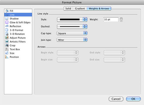 Border (line) editing options within the Format Picture dialog box