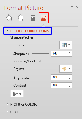 Picture Correction options within the Format Picture Task Pane