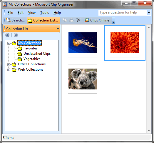 Collection selected within the Microsoft Clip Organizer
