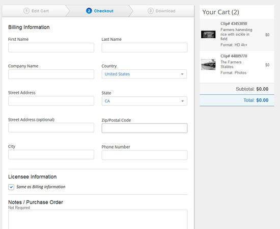 Billing information page Billing information page