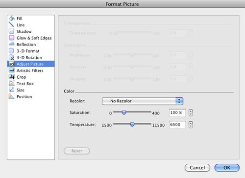 Color options within the Format Picture dialog box