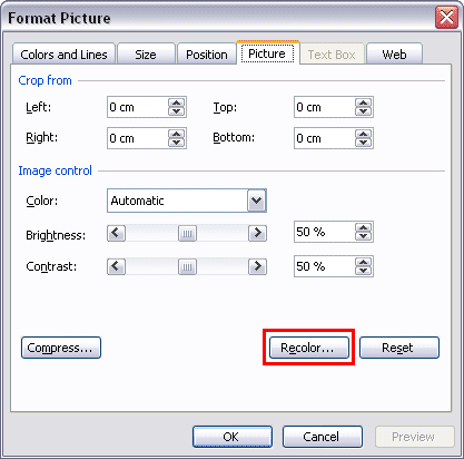 Recolor button within Picture tab of Format Picture dialog box