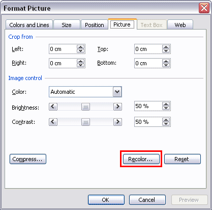 Recolor button within Picture tab of Format Picture dialog box Recolor button within Picture tab of Format Picture dialog box