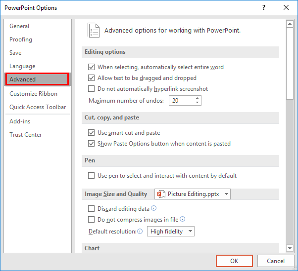 PowerPoint Options dialog box