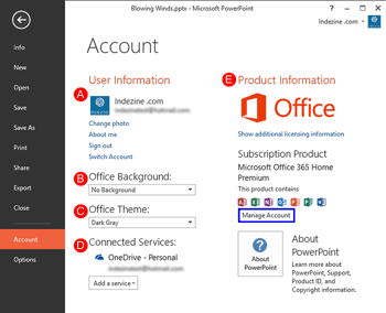 Account Option in Backstage View in PowerPoint 2013 for Windows