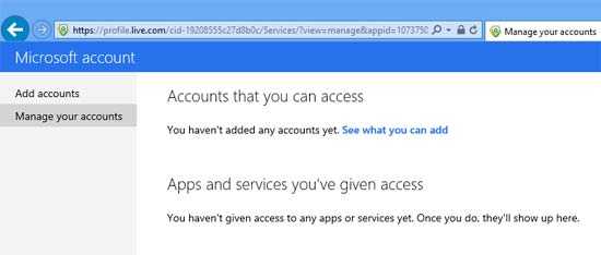 Window showing no account added