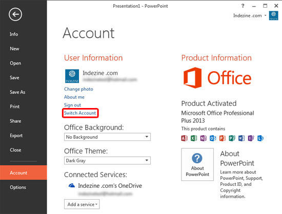 Sign and Switch Accounts in PowerPoint 2013 on Windows 10 and 8