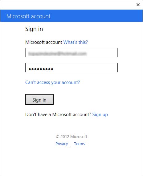 Sign in to Microsoft account window