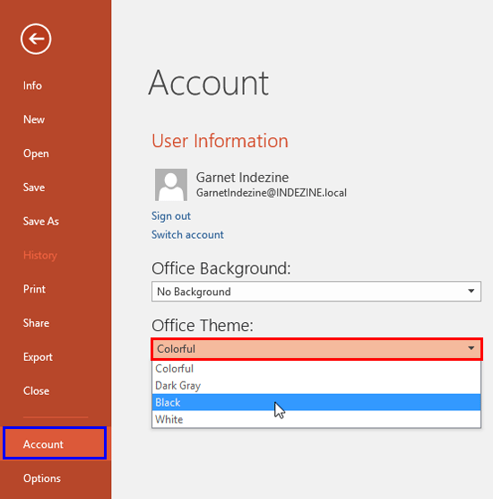 Office Theme menu accessed through Account option