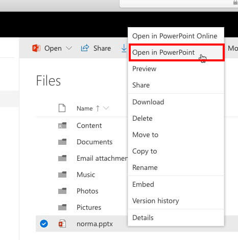 Open in PowerPoint option within contextual menu