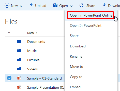 Open in PowerPoint Online option within contextual menu