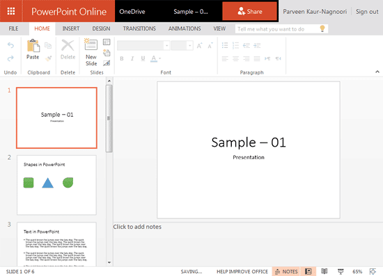 Presentation in Editing view