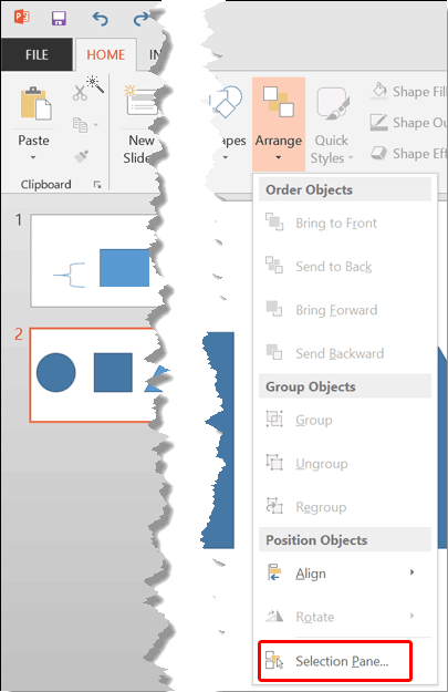 Selection Pane option to be selected Selection Pane option to be selected
