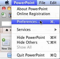 Preferences option selected within the PowerPoint menu