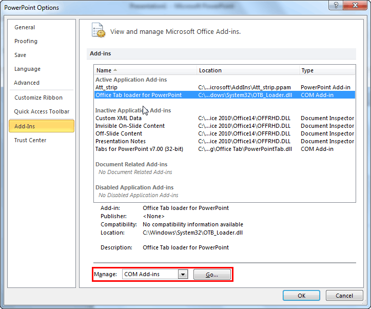 Add-Ins tab selected within the PowerPoint Options dialog box