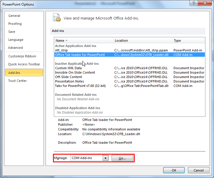 Add-Ins tab selected within the PowerPoint Options dialog box Add-Ins tab selected within the PowerPoint Options dialog box