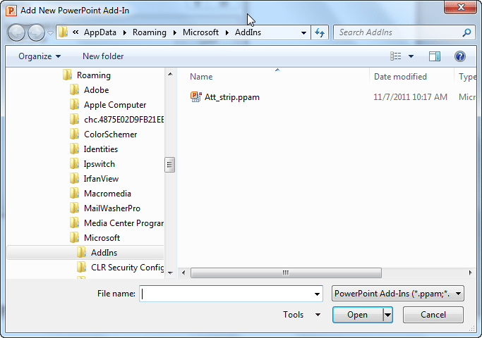 Add New PowerPoint Add-In dialog box Add New PowerPoint Add-In dialog box
