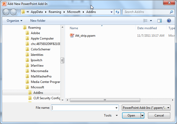 Add New PowerPoint Add-In dialog box