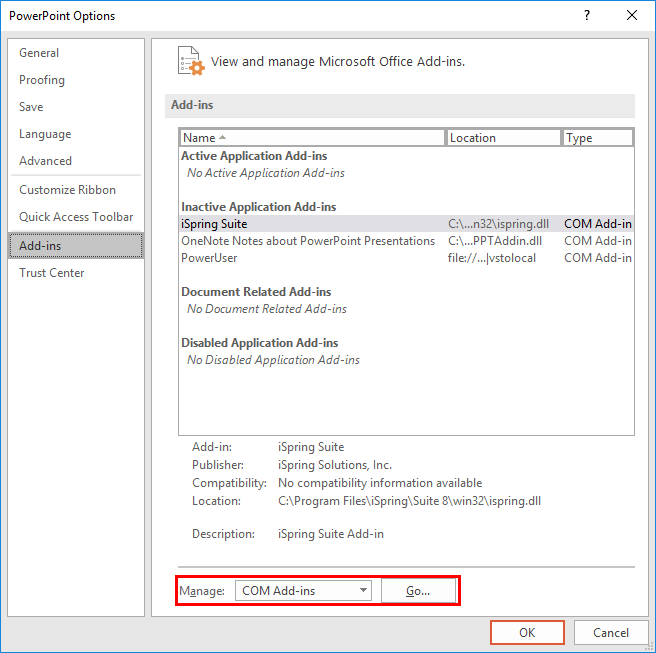 Add-ins tab selected within the PowerPoint Options dialog box
