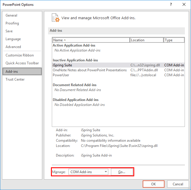 Add-ins tab selected within the PowerPoint Options dialog box Add-ins tab selected within the PowerPoint Options dialog box