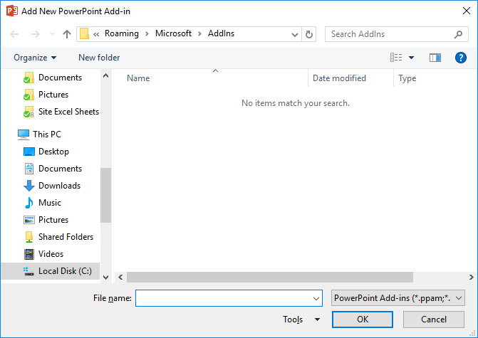 Add New PowerPoint Add-In dialog box
