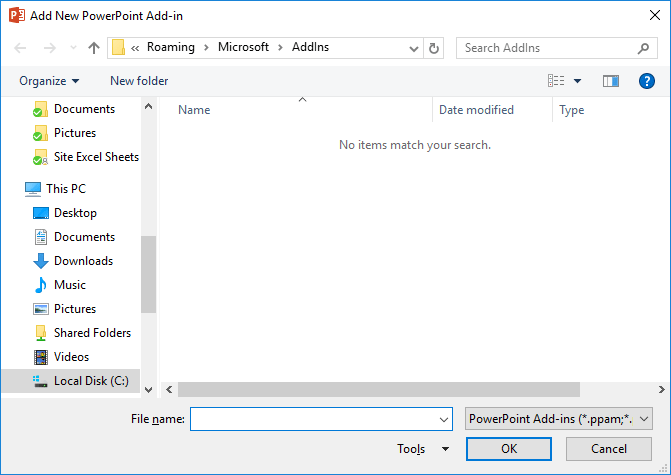 Add New PowerPoint Add-In dialog box Add New PowerPoint Add-In dialog box