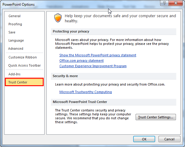 Trust Center tab selected within PowerPoint Options dialog box