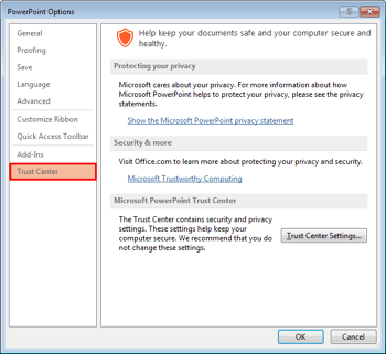 Trust Center in PowerPoint 2013 for Windows