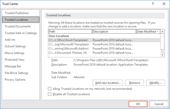 Trust Center Settings in PowerPoint 2016 for Windows