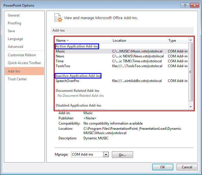 Add-Ins tab selected within the PowerPoint Options dialog box Add-Ins tab selected within the PowerPoint Options dialog box
