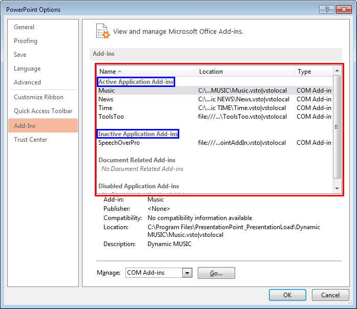 Add-Ins tab selected within the PowerPoint Options dialog box