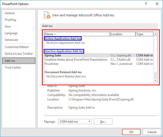 Add-ins tab selected within the PowerPoint Options dialog box