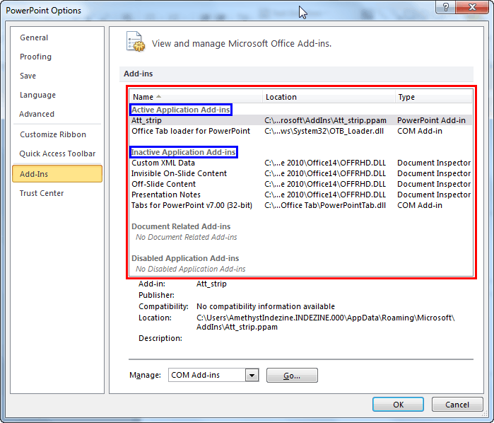 Add-Ins tab selected within the PowerPoint Options dialog box Add-Ins tab selected within the PowerPoint Options dialog box