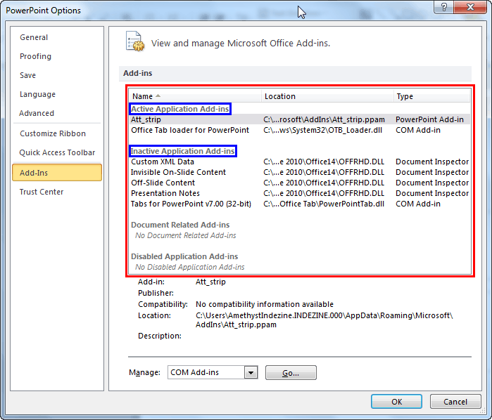 Add-Ins tab selected within the PowerPoint Options dialog box