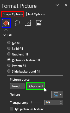 Paste picture from the Clipboard in the Format Picture Task Pane
