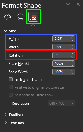 Rotation option within the Format Shape Task Pane