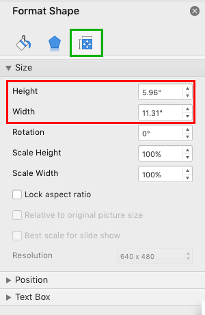 Format Shape Task Pane includes Height and Width values in PowerPoint 365 for Mac