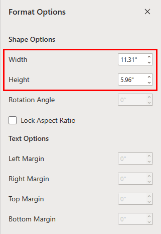 Format Options Task Pane includes Height and Width values
