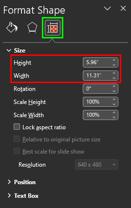 Format Shape Task Pane includes Height and Width values