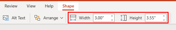 Height and Width options within the Shape tab