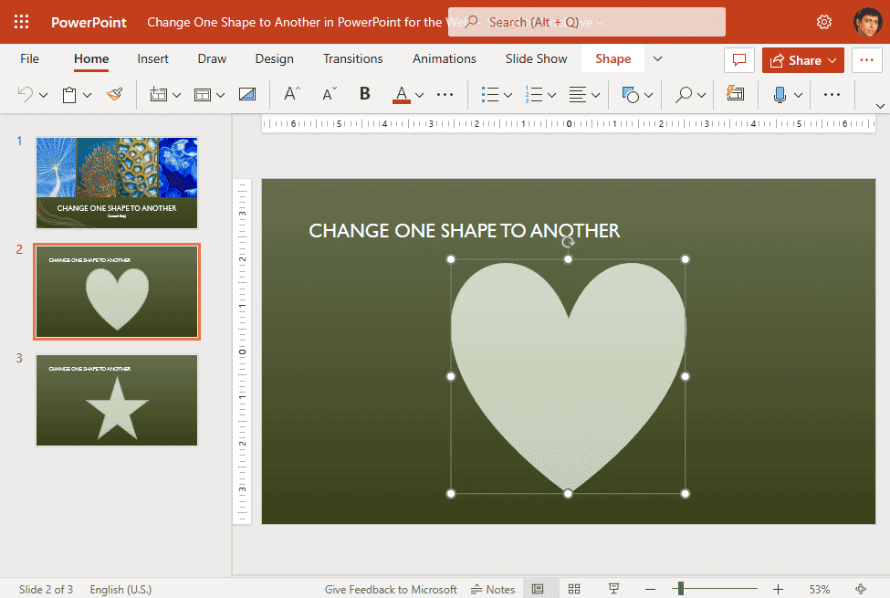One shape changed to another in PowerPoint for the Web