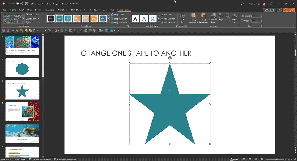 One shape changed to another in PowerPoint 365 for Windows