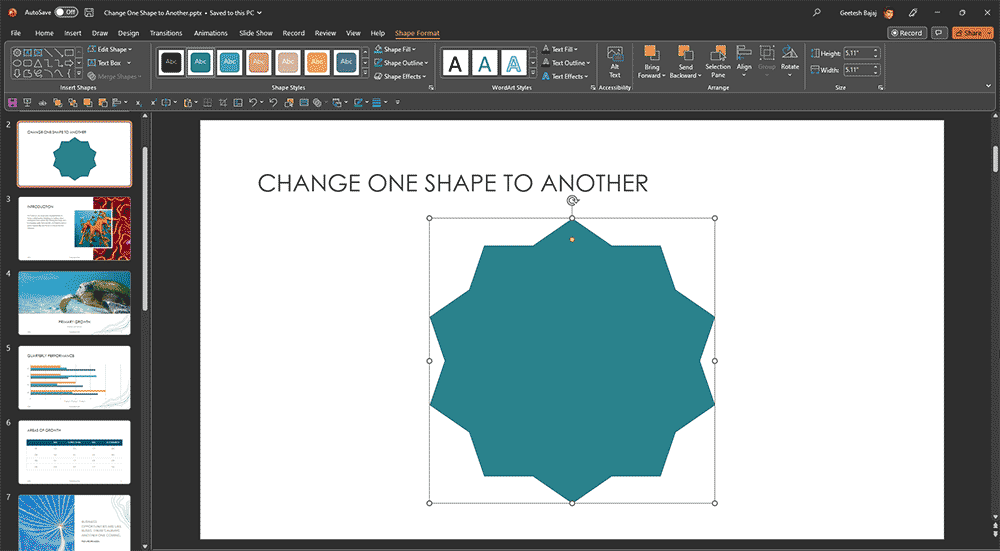 Star shape selected in PowerPoint 365 for Windows