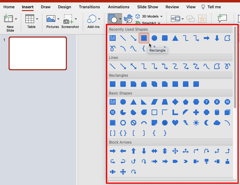 The Shapes drop-down gallery can be found in Home and Insert tabs