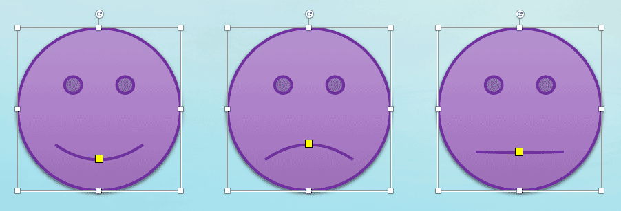 Smiley Face shape is changed to a straight face and a sad face by dragging the yellow round handle in PowerPoint 365 for Mac